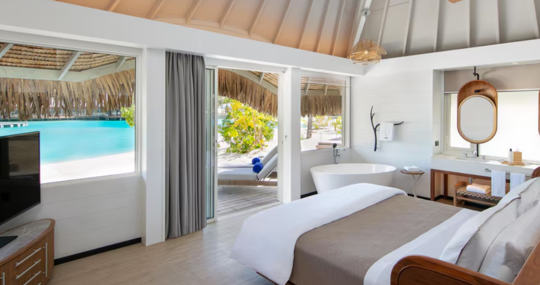 Second king bedroom with soaking tub and plunge pool view in the Westin Bora Bora 2 Bedroom Beach Villa