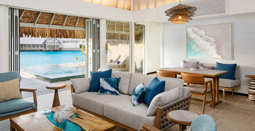 Separate living room opening to the plunge pool deck in the Westin Bora Bora 2 Bedroom Beach Villa