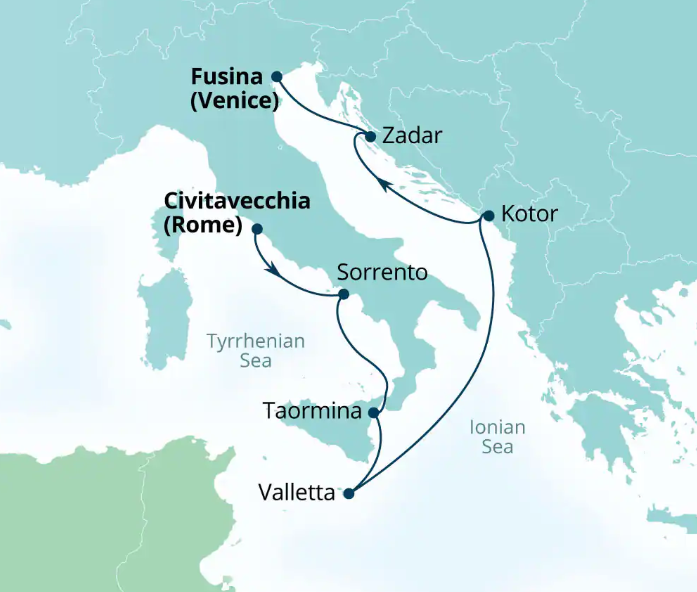 Itinerary map for the October 2, 2027 Seabourn Ovation cruise from Civitavecchia (Rome) to Fusina (Venice) via Sorrento, Taormina, Valletta, Kotor, and Zadar