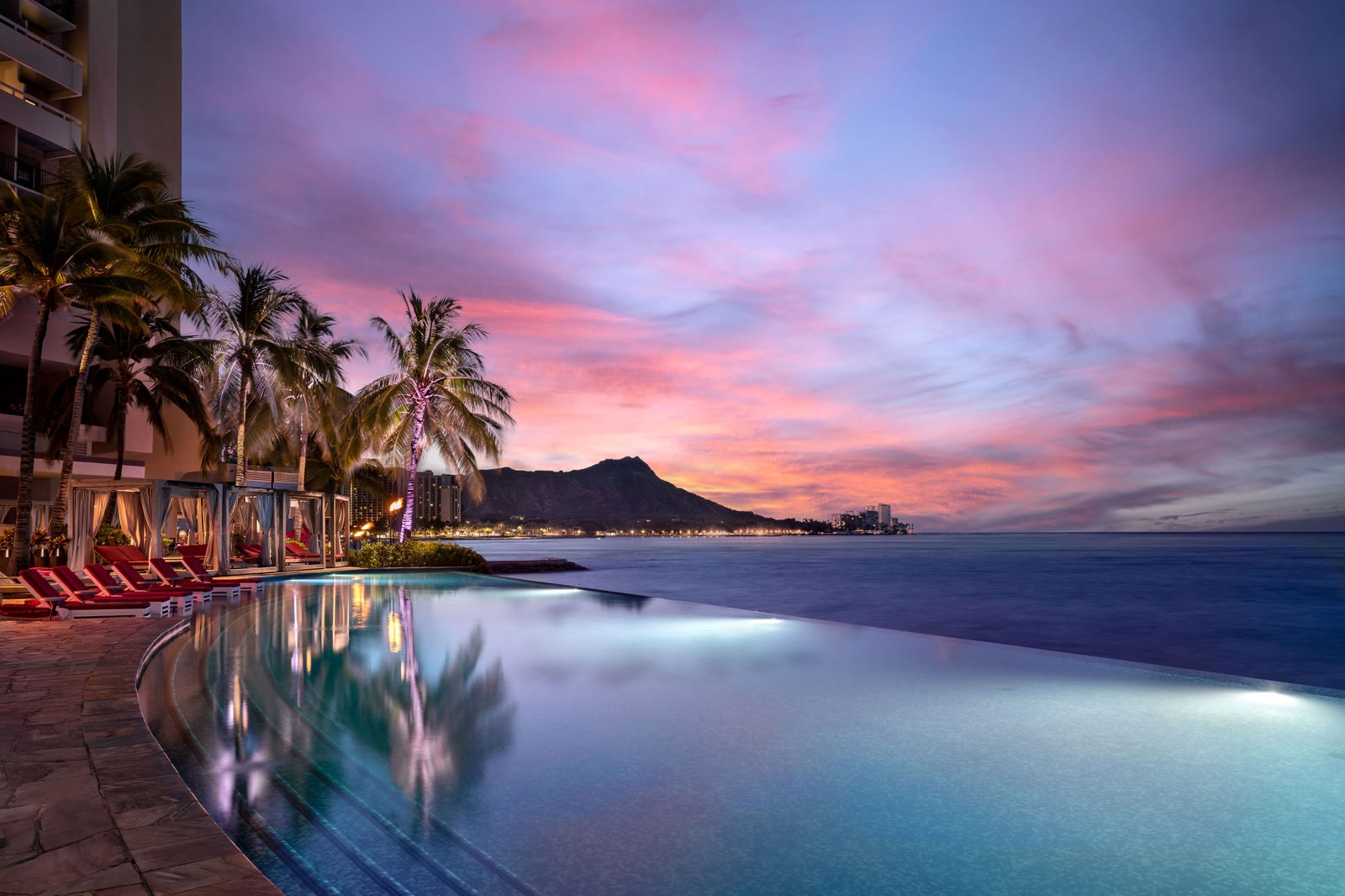 Infinity pool at Sheraton Waikiki at sunset, looking toward Diamond Head
