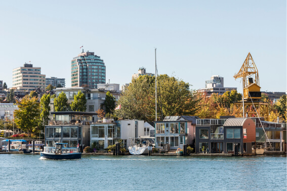 Granville Island houseboats and the yellow crane across False Creek