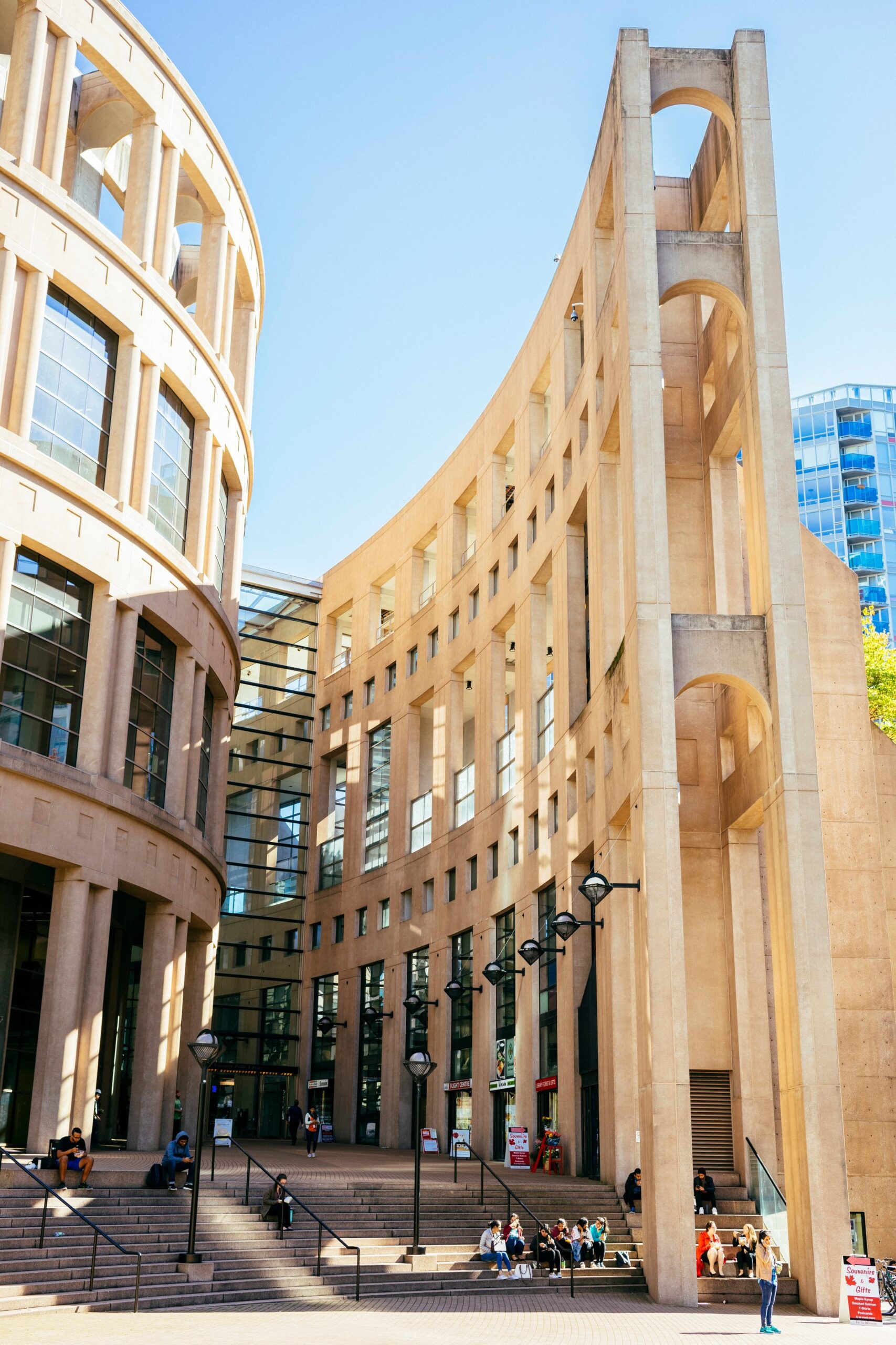Library Square in Vancouver, the curved concrete colonnade and the round library