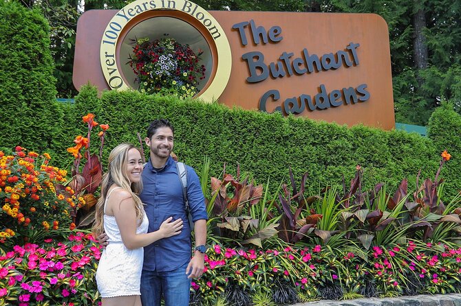 The Butchart Gardens entrance sign, reading Over 100 Years in Bloom