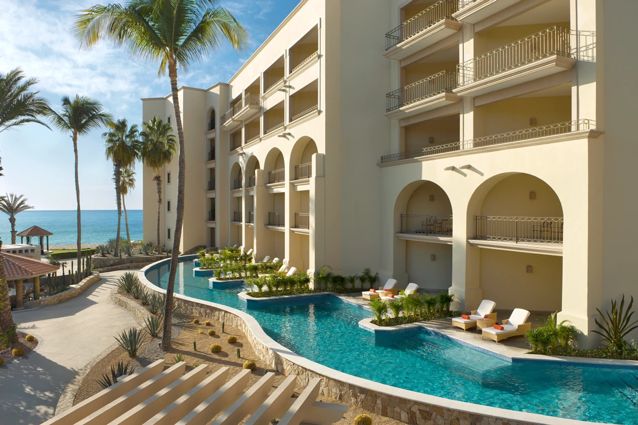 Dreams Los Cabos swim-up suite building and pool corridor