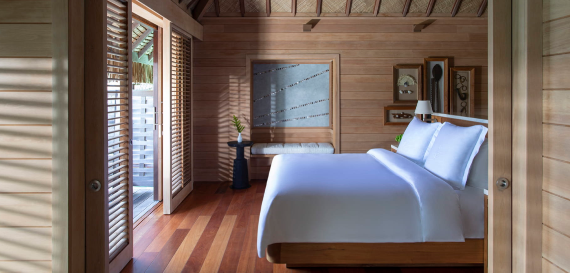 Mountain View Overwater Villa king bedroom with Mount Otemanu views