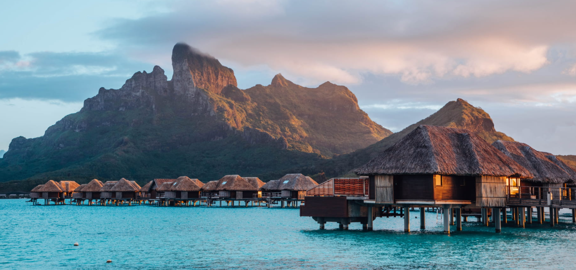 Mountain View Overwater Villa deck looking toward Mount Otemanu across the lagoon