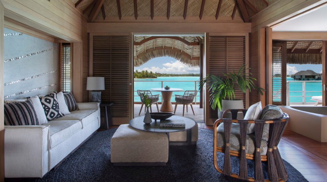 Premier Mountain Overwater Villa exterior over the Bora Bora lagoon
