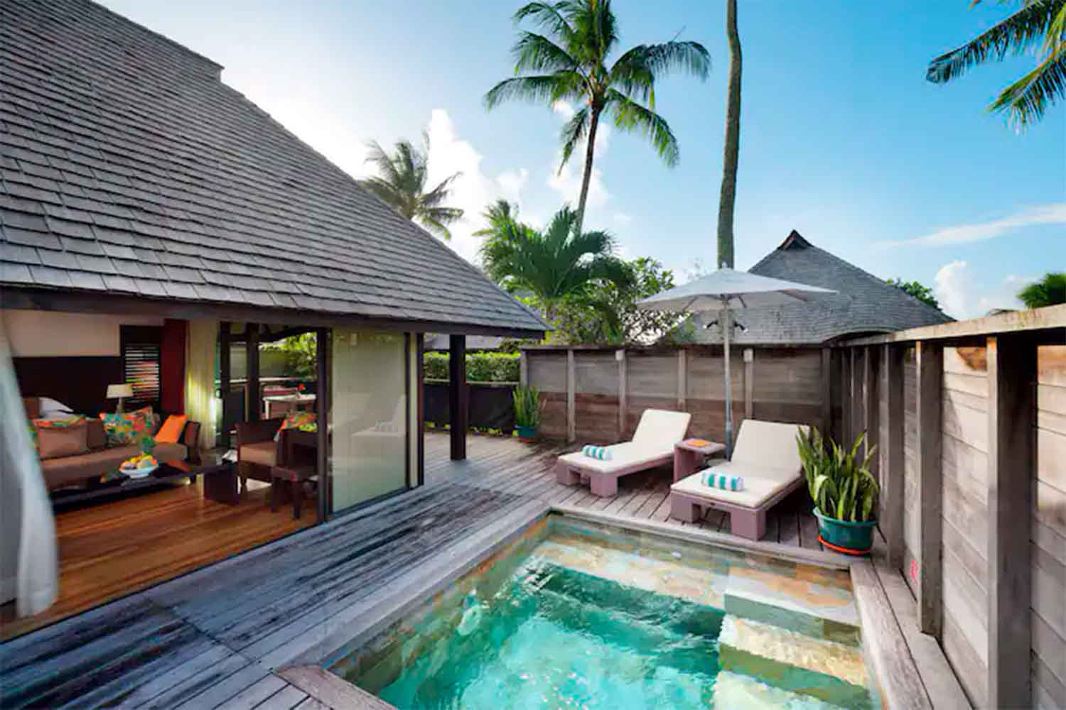 Hilton Moorea Deluxe Garden Pool Villa private plunge pool and lounge deck
