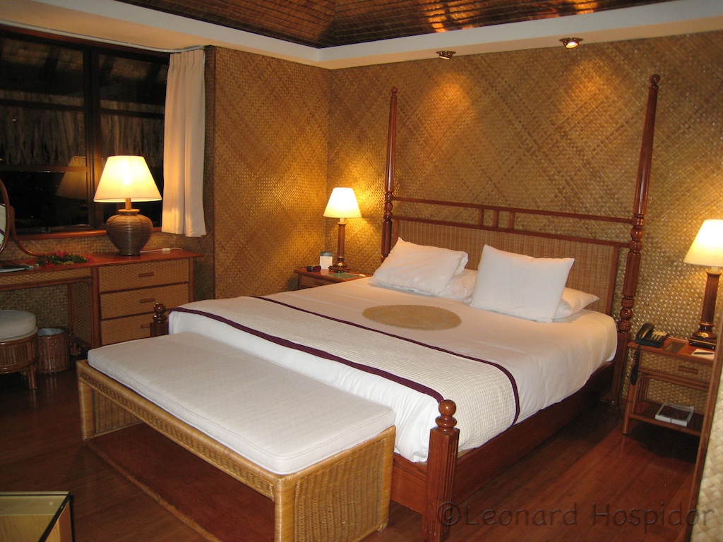 InterContinental Tahiti Moorea Ocean View Room bedroom with Polynesian woven walls