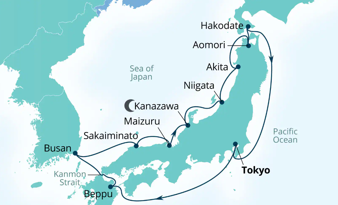 Sea of Japan cherry blossom cruise itinerary map for Seabourn Encore from Tokyo to Tokyo via Busan, Kanazawa, and Hakodate