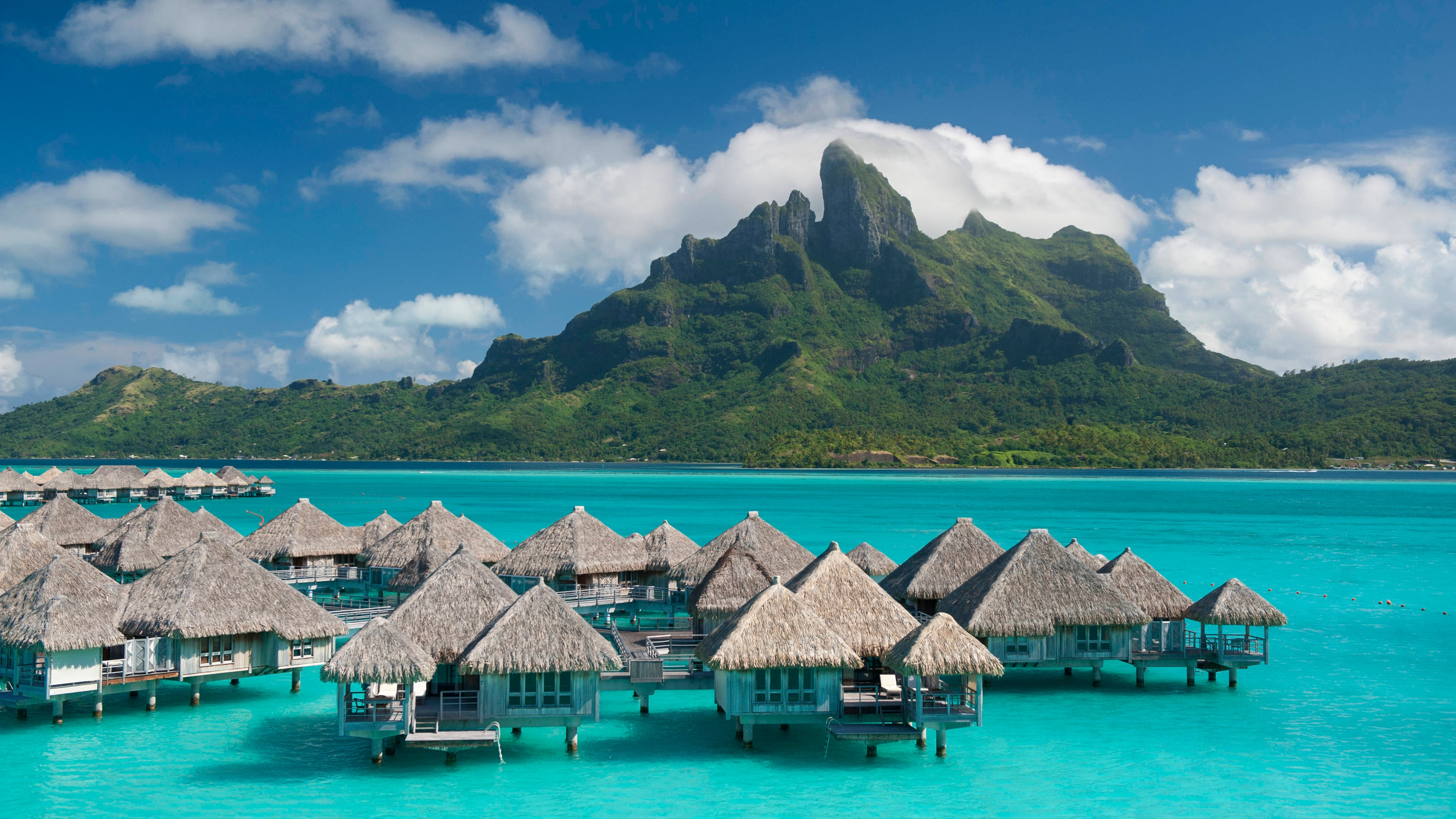 St Regis Bora Bora aerial view of beach villas and lagoon