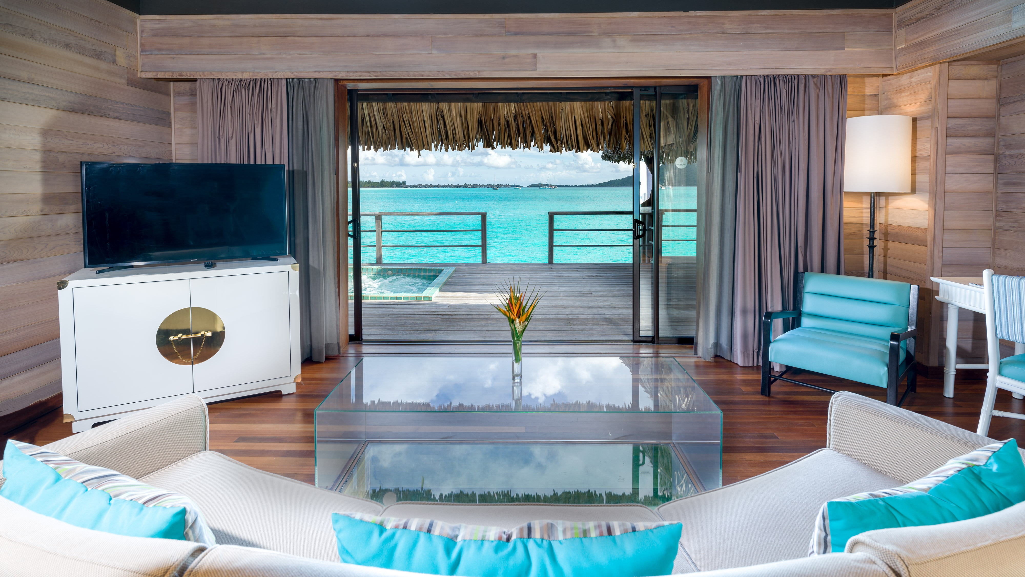 St Regis Bora Bora Superior Overwater Villa lounge and seating area