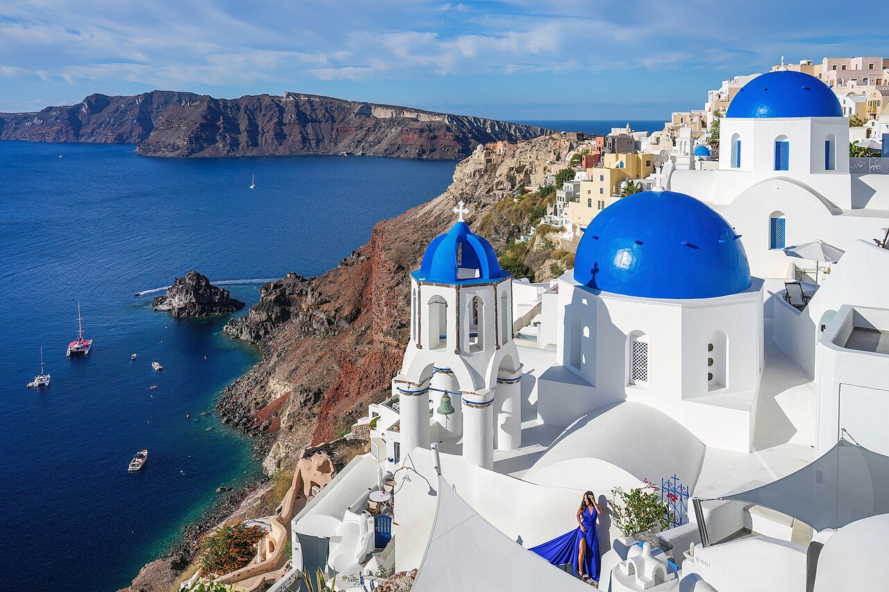 Santorini Oia blue-domed churches on Viking Greek Odyssey itinerary