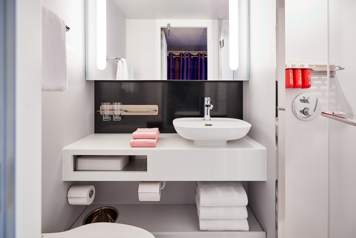 Insider cabin rainshower bathroom aboard Brilliant Lady