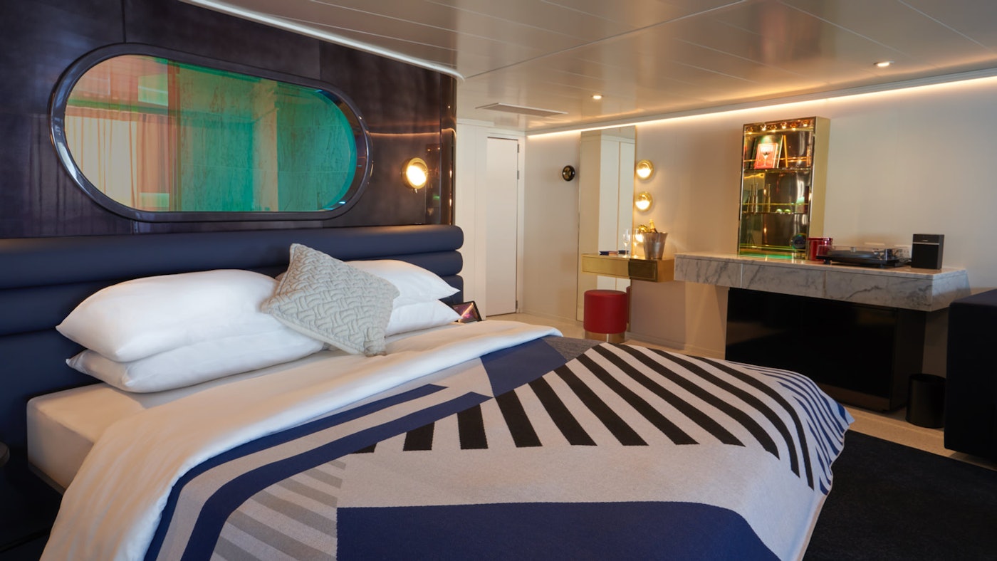 Brilliant Suite RockStar bedroom aboard Virgin Voyages Brilliant Lady
