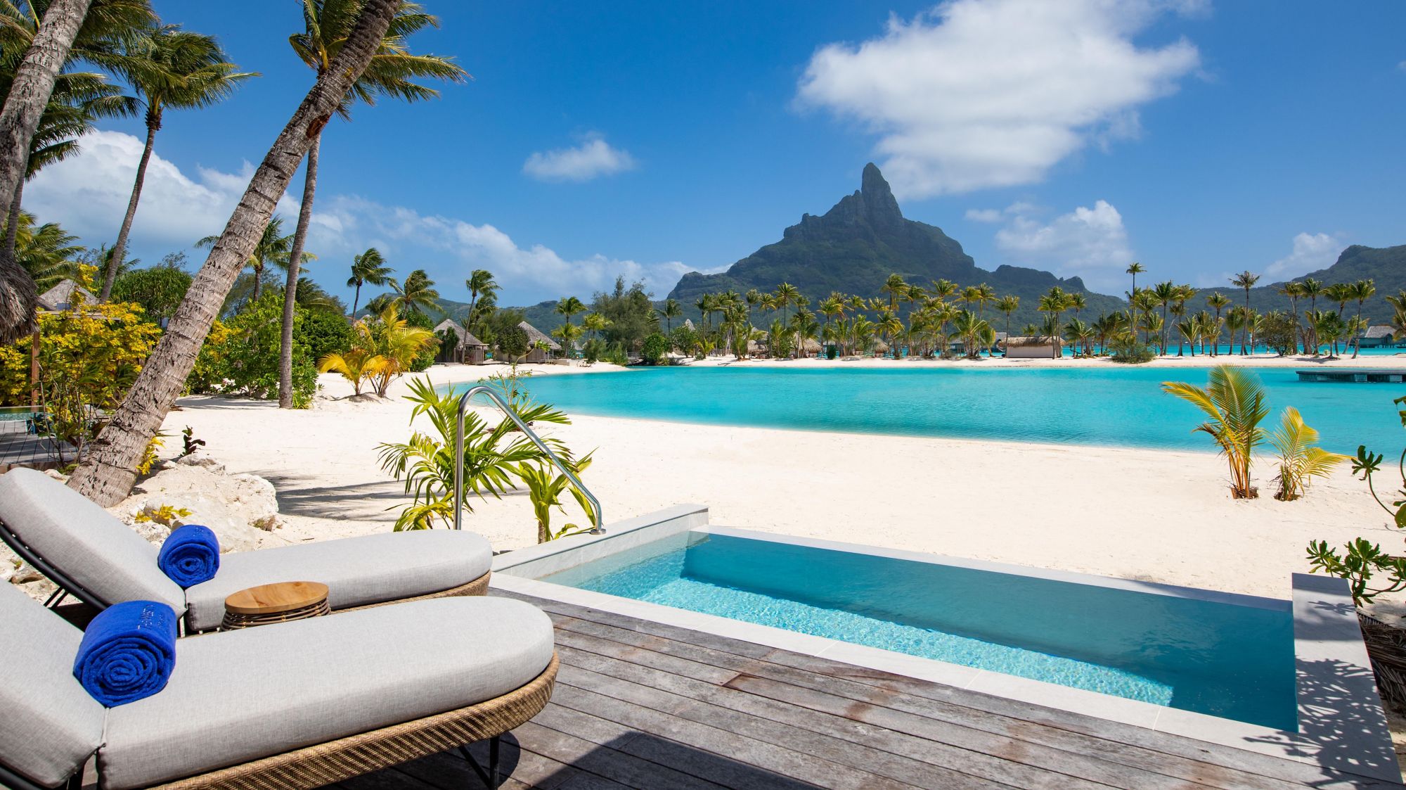 Westin Bora Bora beach bungalow terrace with private plunge pool and Mount Otemanu view