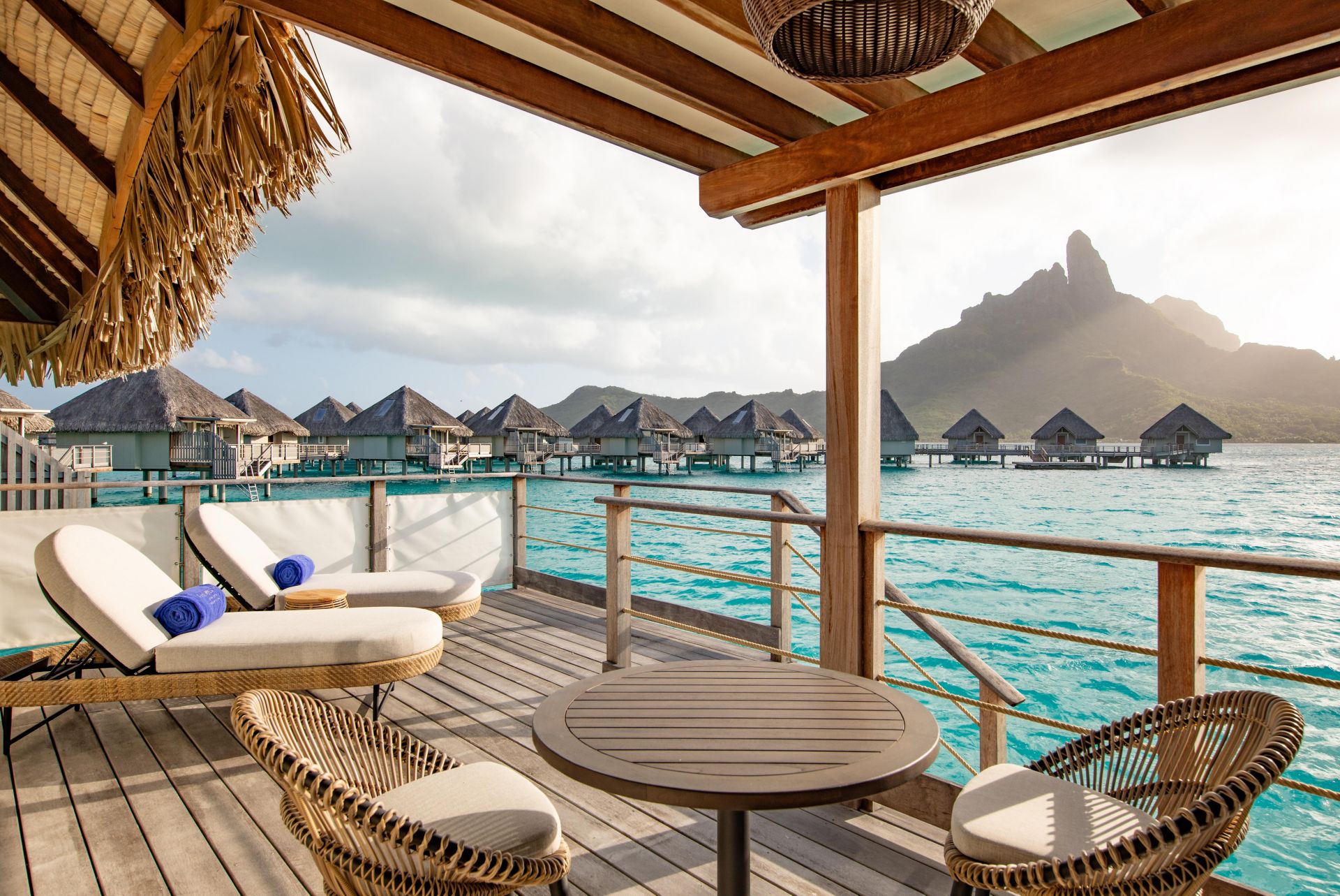 Westin Bora Bora overwater bungalow terrace with Mount Otemanu view