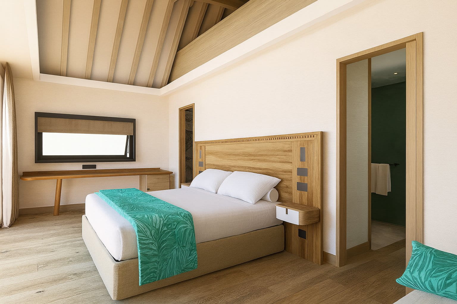 Bloody Mary's Hotel Bora Bora guest room with king bed, light wood headboard and turquoise tropical accents