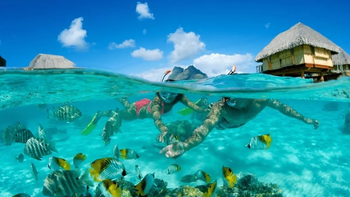 Snorkeling the turquoise lagoon at Le Bora Bora by Pearl Resorts in Bora Bora, French Polynesia
