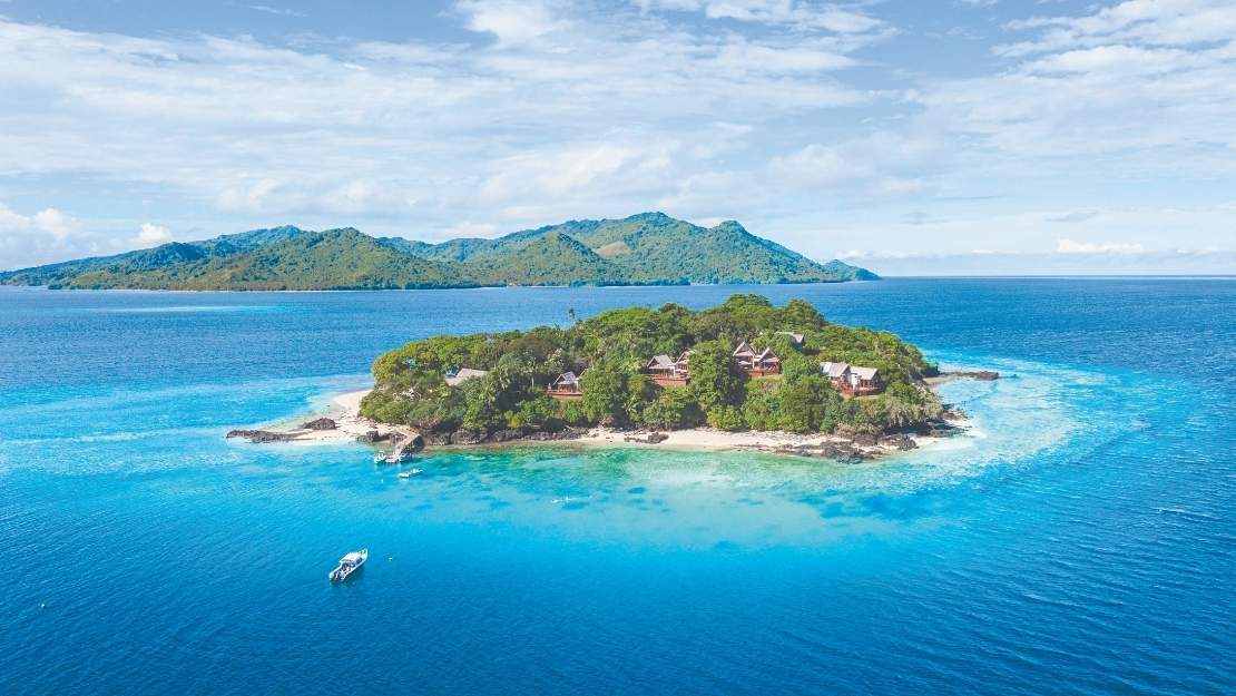 Aerial view of Royal Davui Island Resort Fiji private island lagoon
