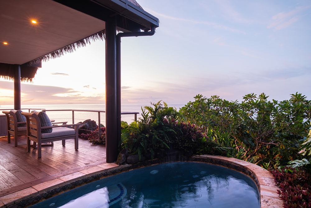 Royal Davui Island Plunge Pool Bungalow plunge pool at sunrise