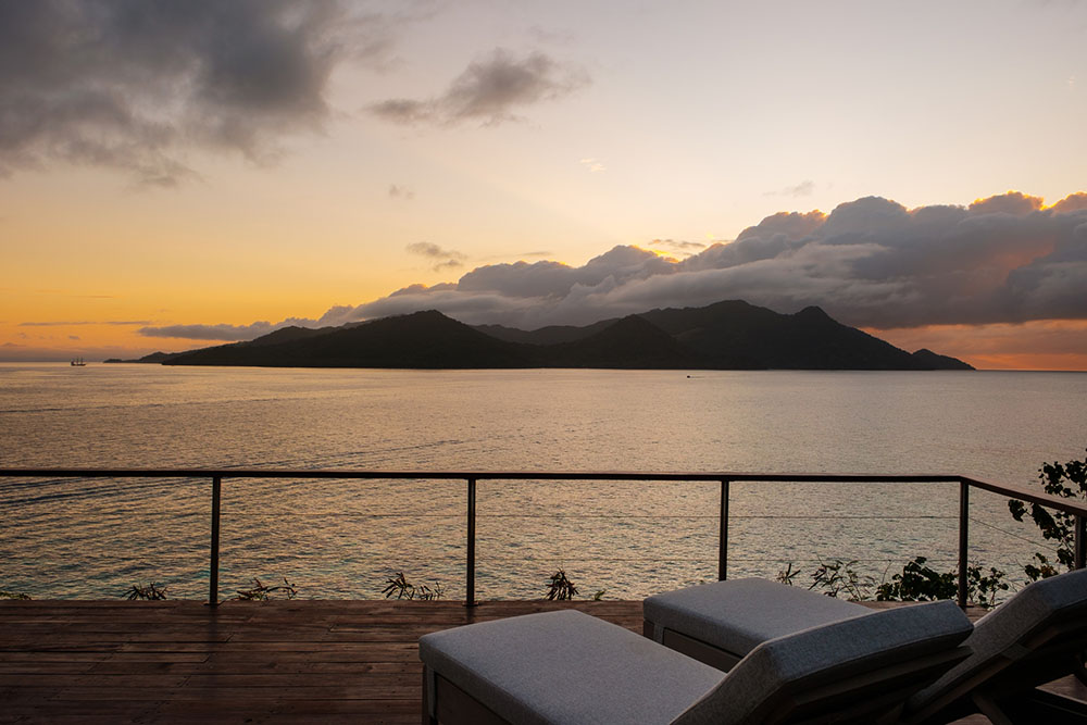 Royal Davui Lagoon Plunge Pool Bungalow view across Beqa Lagoon at sunrise