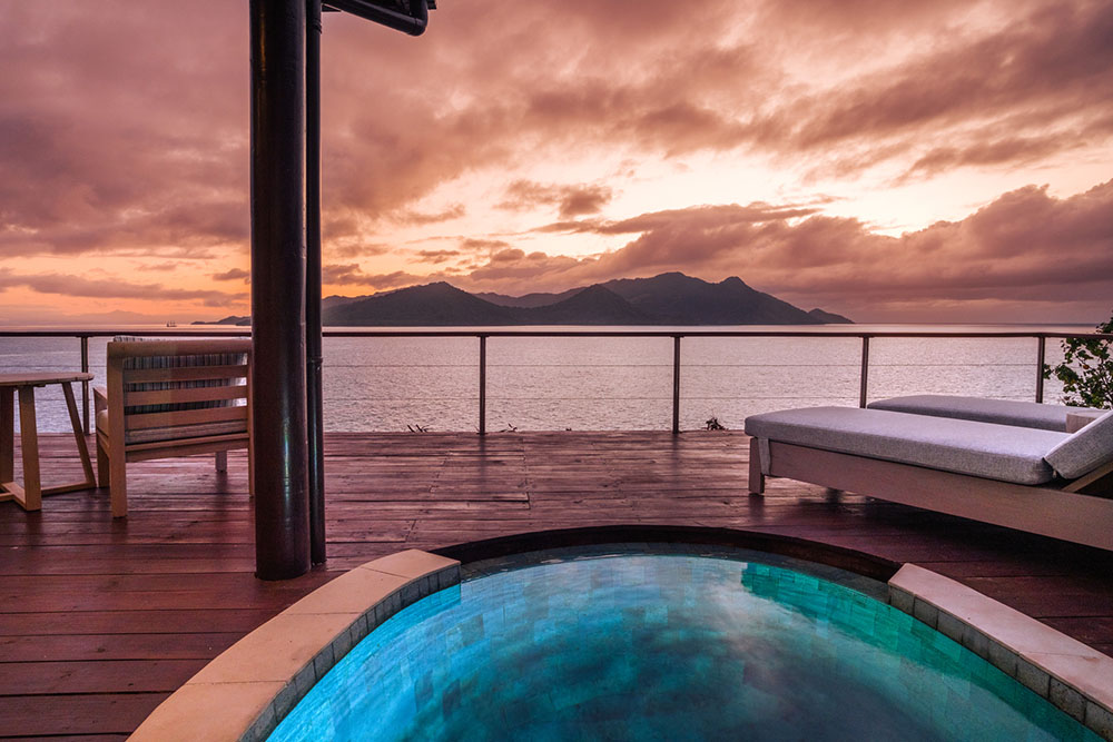 Royal Davui Lagoon Plunge Pool Bungalow plunge pool at sunrise