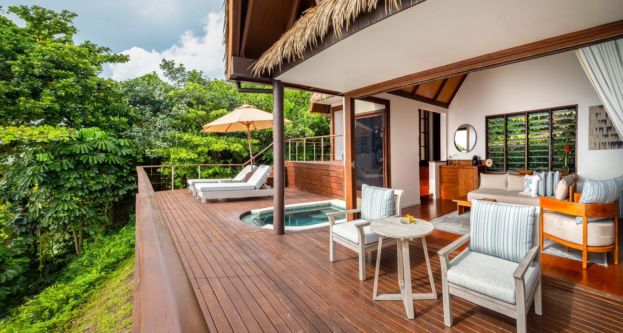 Royal Davui Sunset Plunge Pool Villa deck and plunge pool at dusk