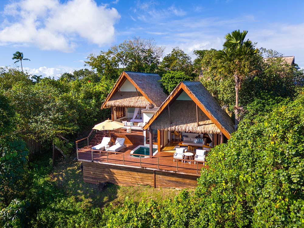 Aerial view of Royal Davui Sunset Plunge Pool Villa on the western shore