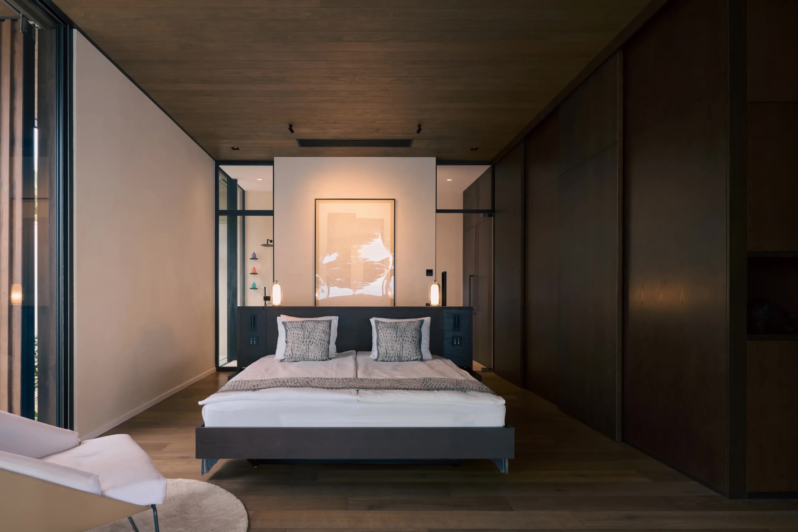 Villa Oro Paraoa Moorea Lagoon Villa bedroom with modern Nordic design