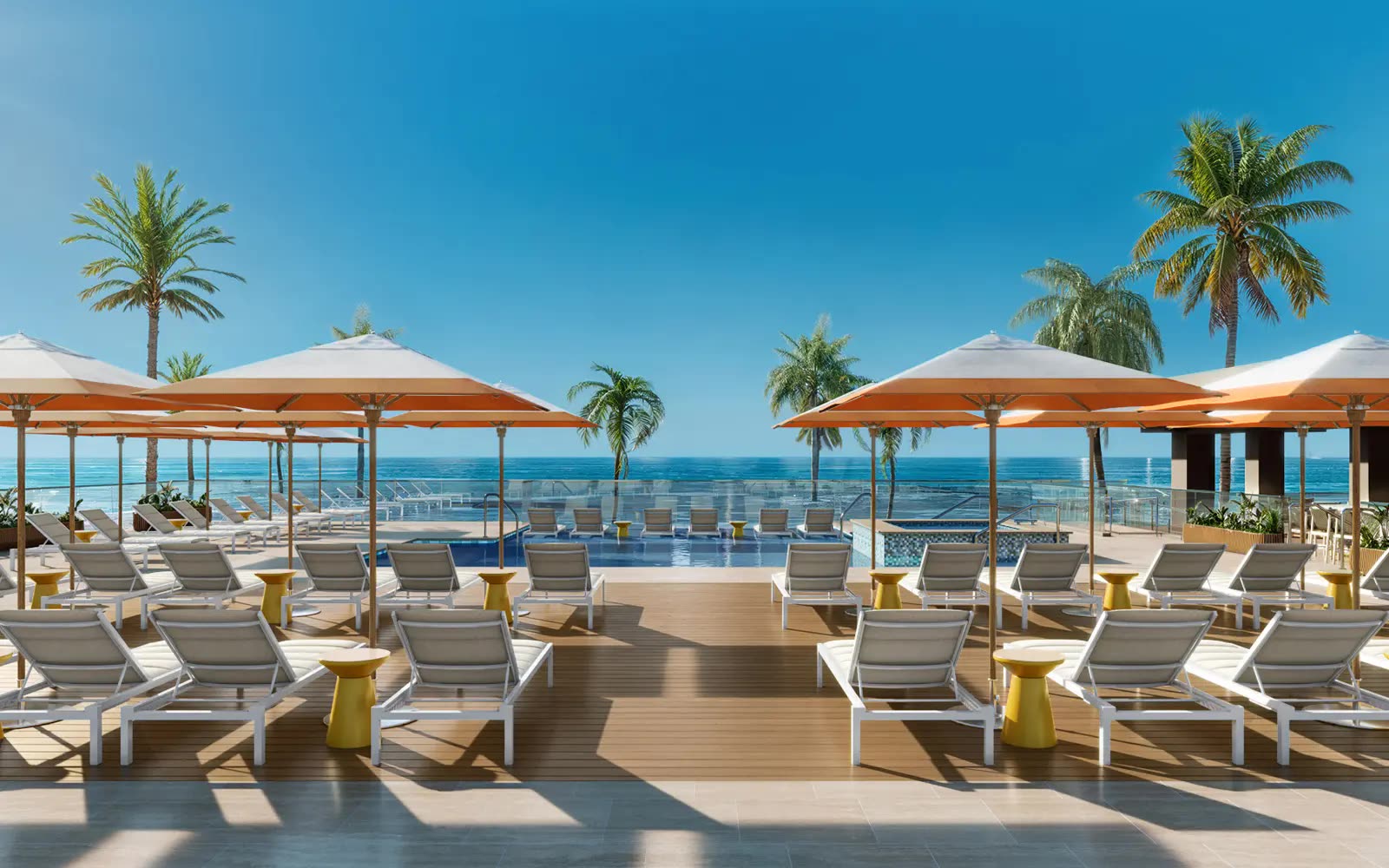 Aliʻi Tower pool terrace overlooking Waikiki Beach at Hilton Hawaiian Village