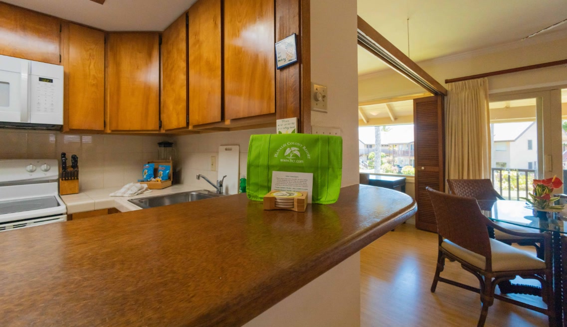 Ocean View suite kitchen at Hanalei Colony Resort, Kauai
