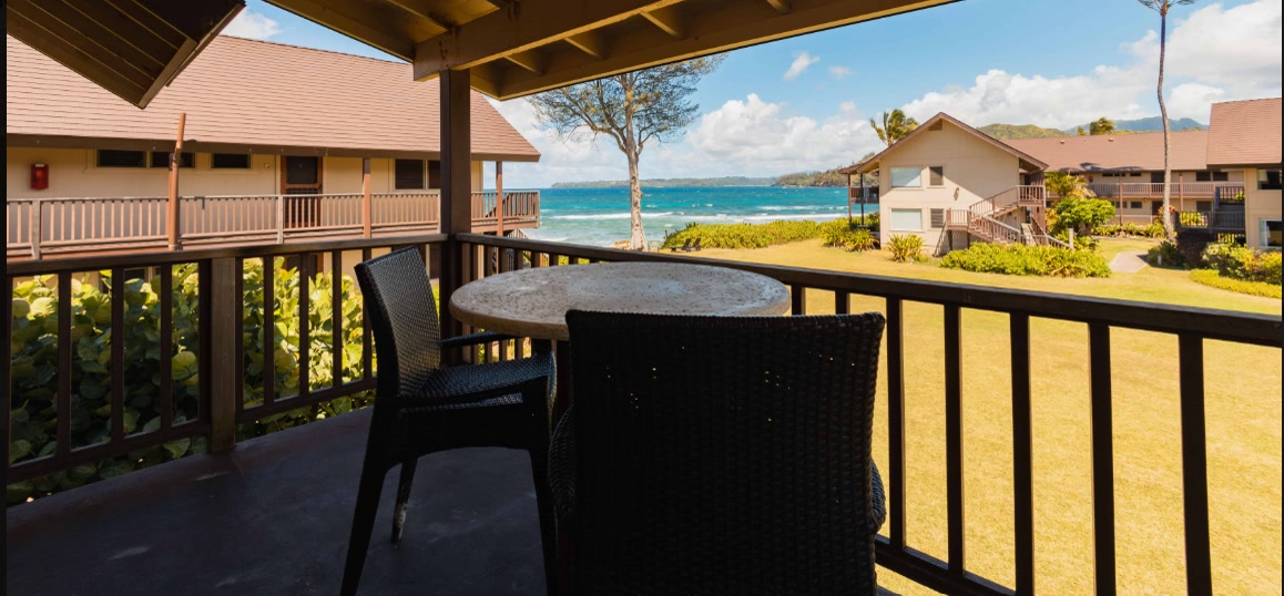 Premium Ocean View lanai looking toward the Pacific at Hanalei Colony Resort, Kauai