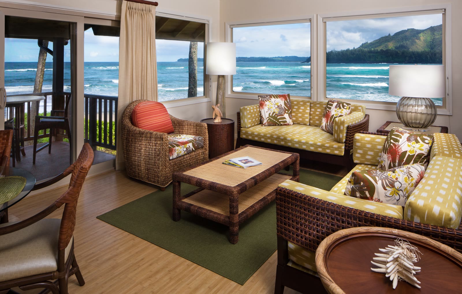 Premium Oceanfront suite living room at Hanalei Colony Resort in Haʻena, Kauai