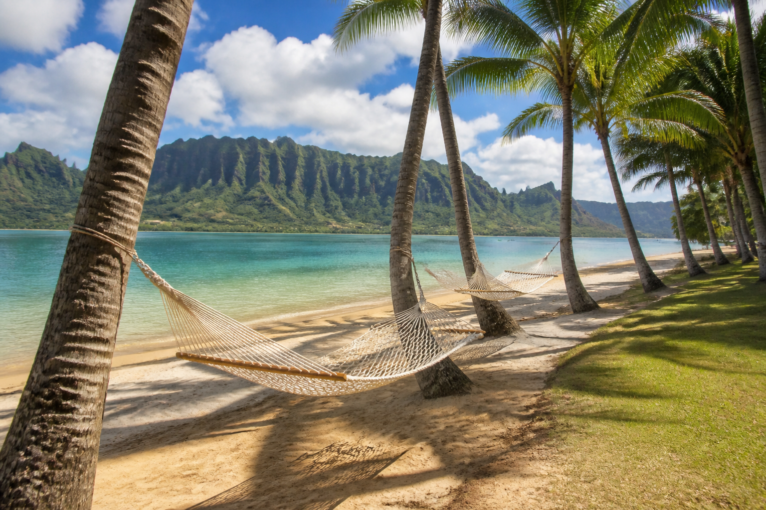 Hammocks strung between palms on the Secret Island shoreline at Kualoa Ranch