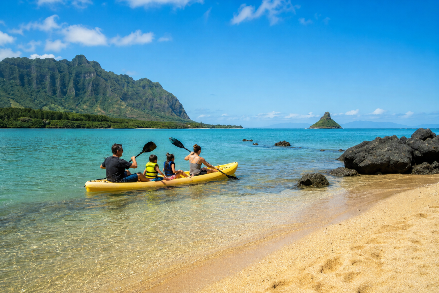 Family kayaking the calm waters off Kualoa Ranch Secret Island with Mokoliʻi in the distance