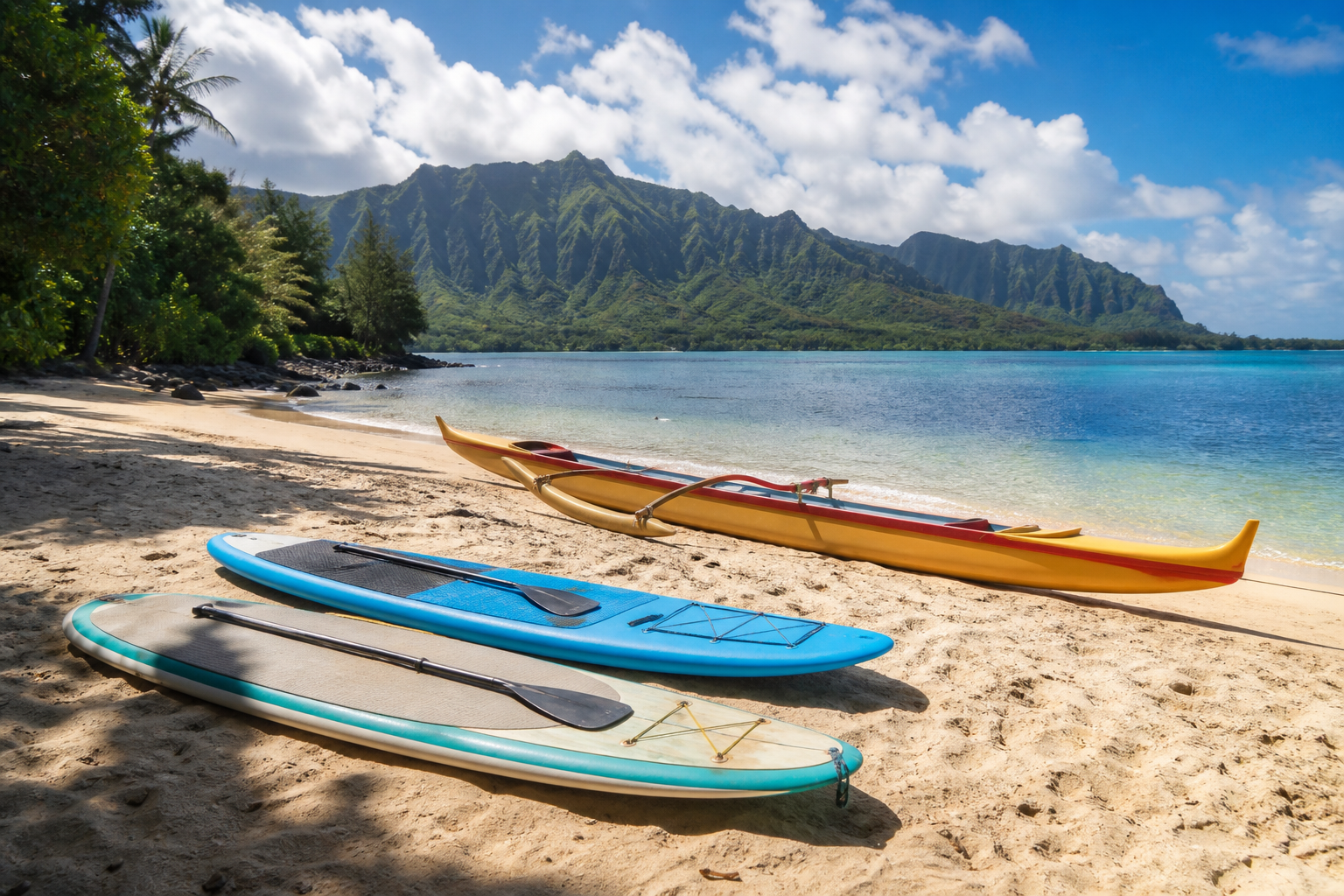 Stand-up paddleboards and a Hawaiian outrigger canoe on the sand at Kualoa Ranch Secret Island
