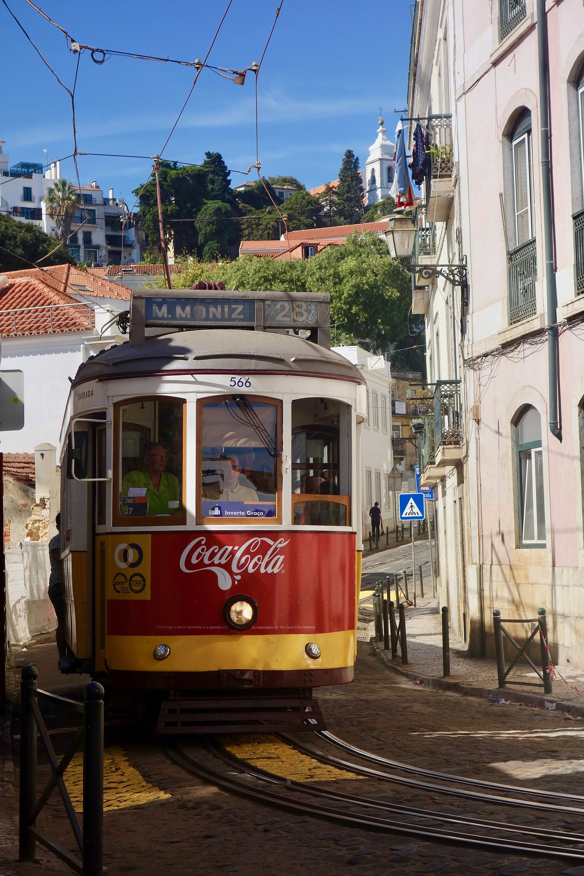 Historic tram in Alfama, Lisbon, Portugal