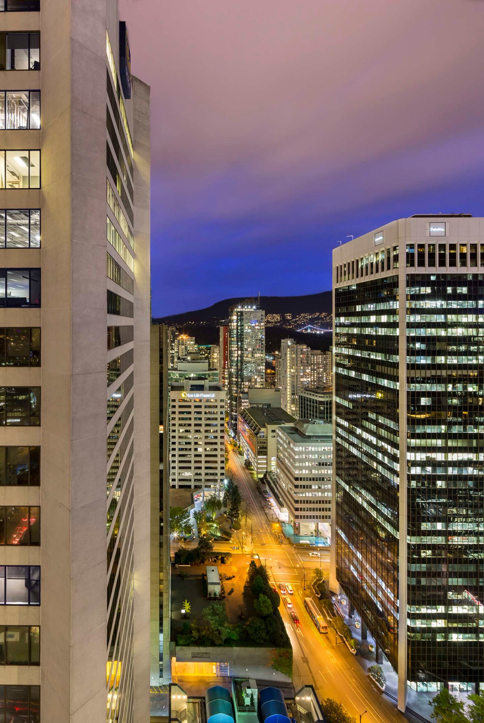 Downtown Vancouver at night near Hyatt Regency Vancouver