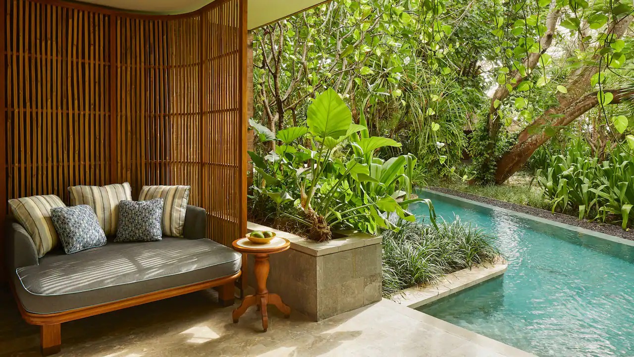 Terrace of a Lagoon Access Room stepping into the lagoon pool at Andaz Bali