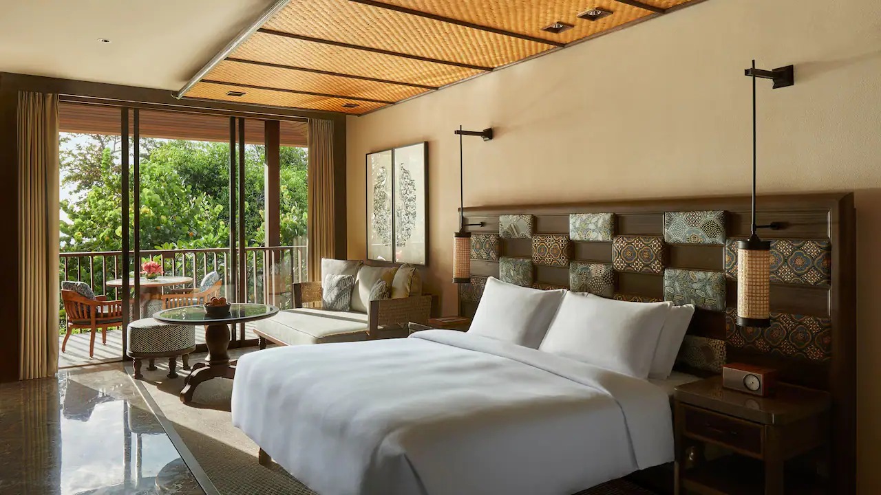 Bedroom of an Ocean View Room at Andaz Bali looking toward the Indian Ocean