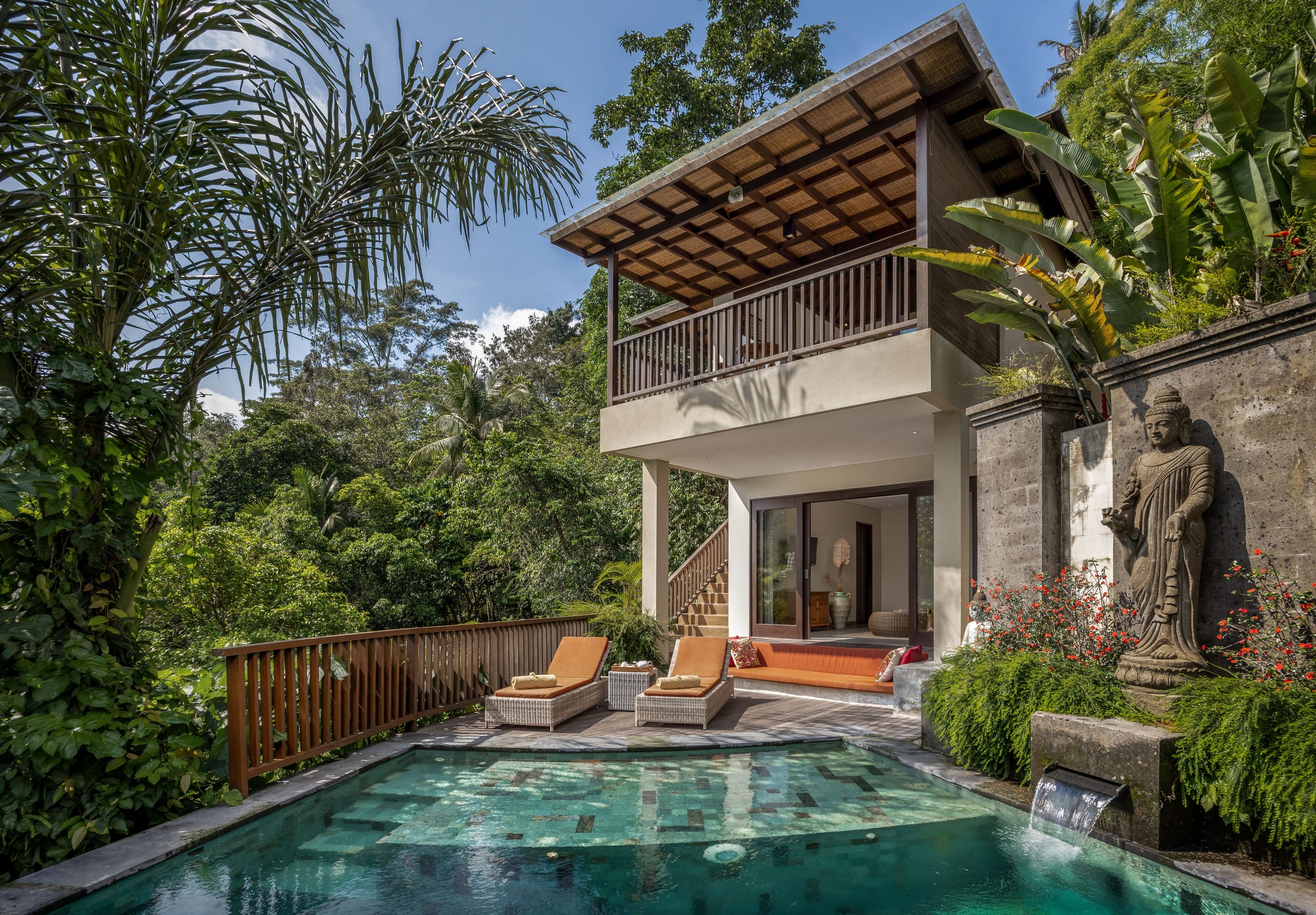 Two-storey Two-Bedroom Pool Villa with a private pool and Buddha statue at Jannata Resort Ubud